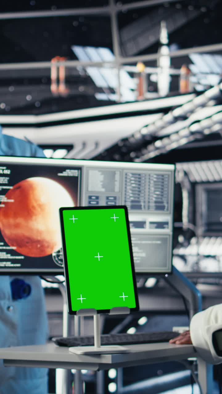 Vertical video Astronauts flying in starship exploring Mars, seeking extraterrestrial life