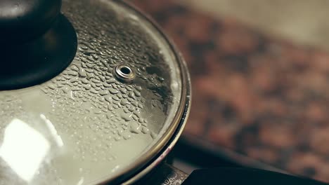 close up to condensations forming on a glass cover of a pot of boiling rice showing a candid and peaceful moment of daily home life