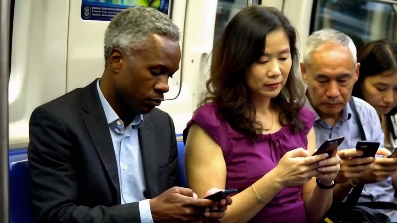 A group of people in the subway, all looking at their phones.