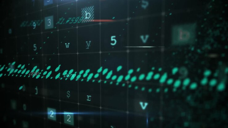 Digital animation of cyber security data processing against black background