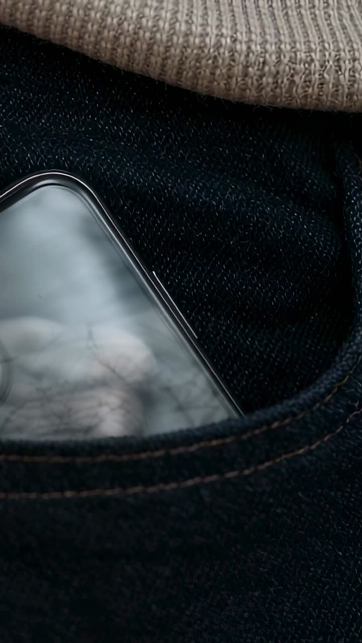 Video verticale: Spostamento dell'anca che fa scivolare il telefono più a fondo nella tasca anteriore dei jeans, con l'orlo in maglia beige in evidenza.
