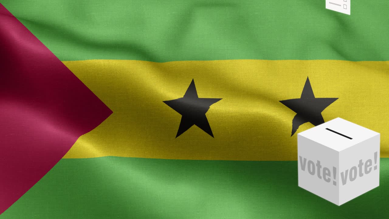 las papeletas de votación vuelan a la caja para la selección de são tomé y príncipe - caja de votación frente a la bandera - elección - voto - bandera de são tomés y príncipe - bandera de sao tomé y principe de alto detalle - bandera nacional de são tomé y príncipe patrón de onda elementos loopable