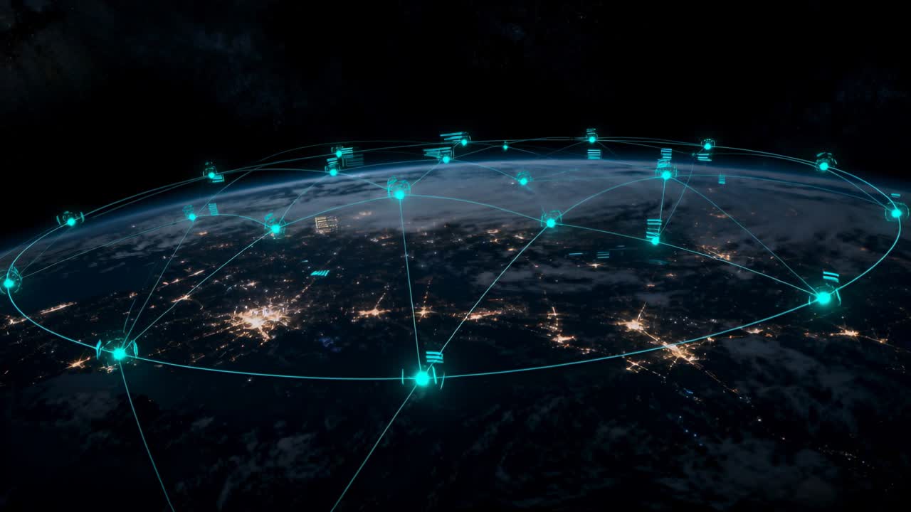 Camera tilting, networked Earth graphic pulsing nodes tracing lines, showing active tech network