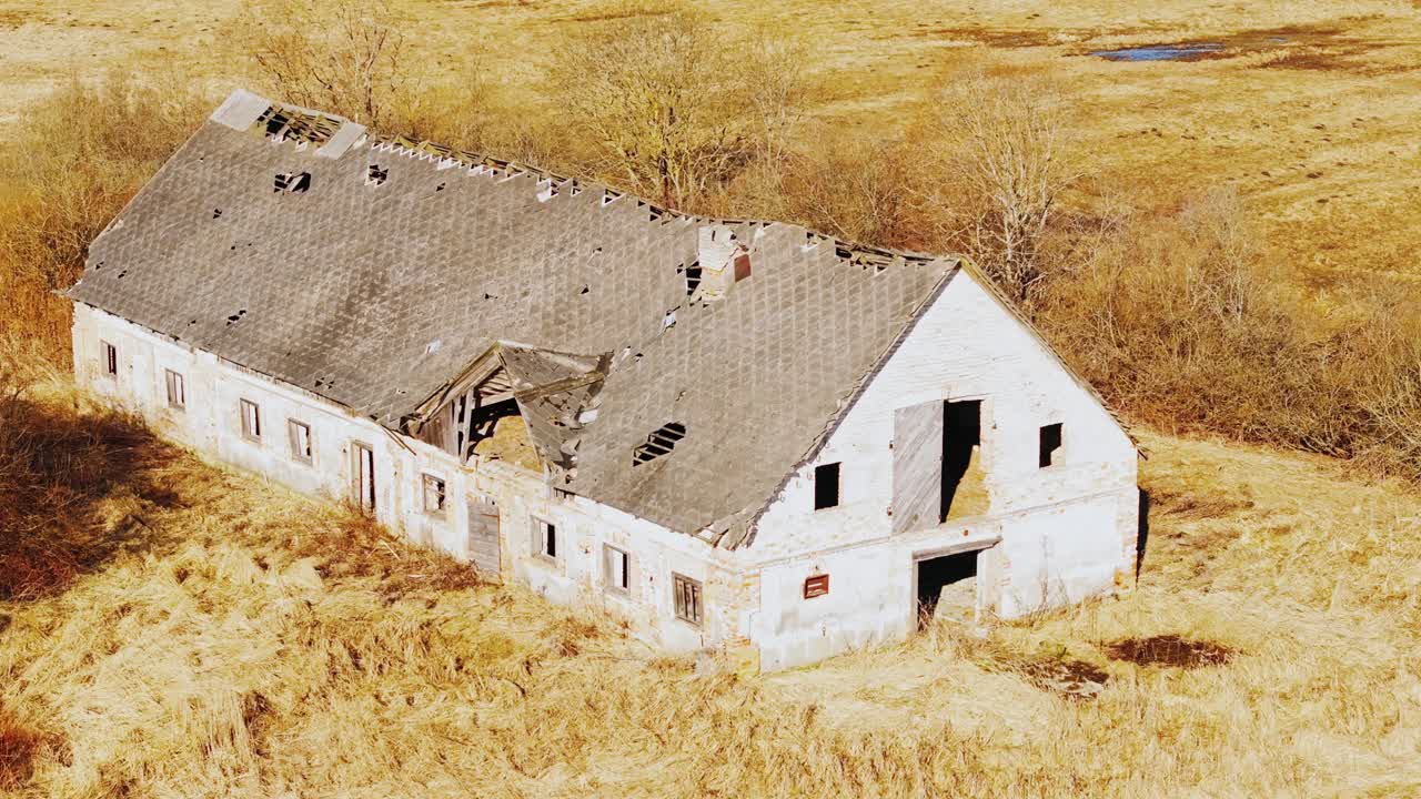 Crumbling farmhouse on barren land highlights climate change consequences