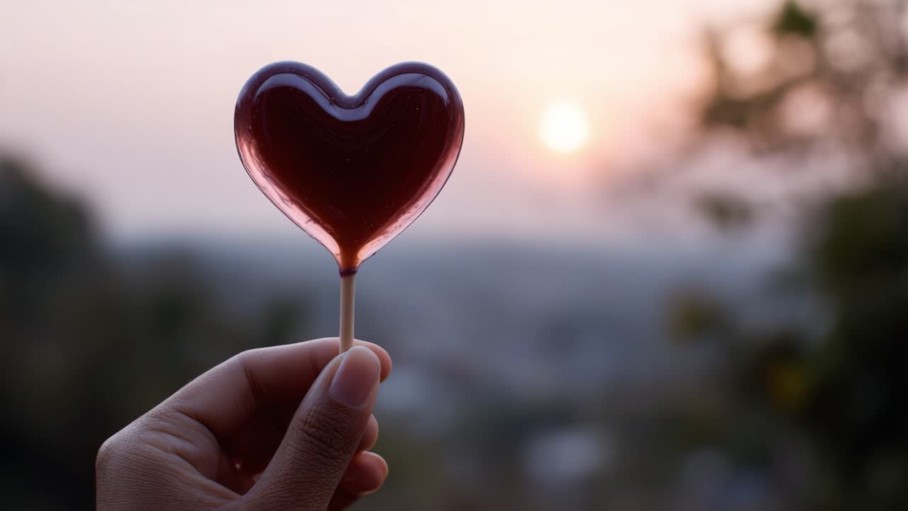 Una mano sujetando una piruleta con forma de corazón con un fondo de una puesta de sol espectacular, que simboliza el amor y la dulzura en un entorno vespertino perfecto