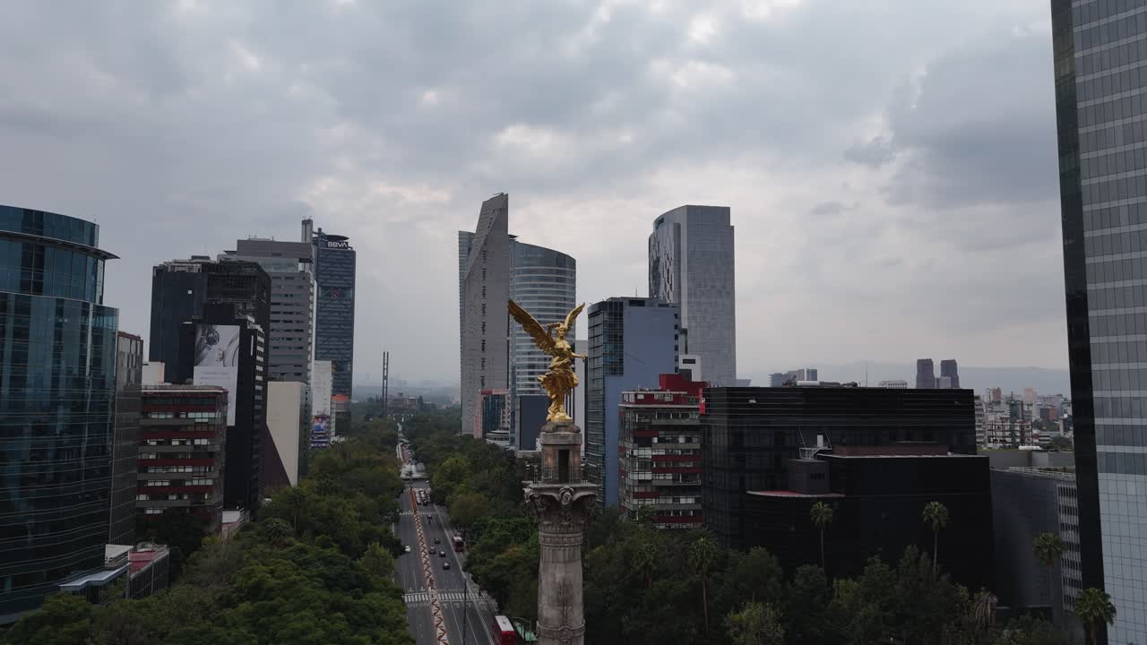 Panoramic aerial view of Angel of Independence and Reforma’s high-rise landscape