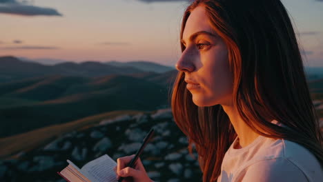 woman journaling in mountain landscape at sunset