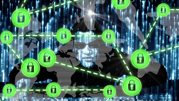 Animation af netværk af forbindelser med hængelås-sikkerhedsikoner over binær kode, hacker