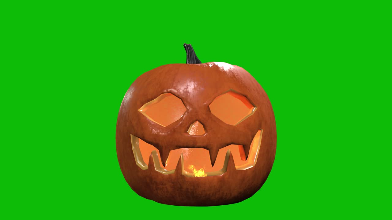 3D animation of a glowing jack-o'-lantern pumpkin 07 with candlelight inside, spinning, scaling up and down on a green screen. Perfect for Halloween intros, spooky videos, and holiday promos
