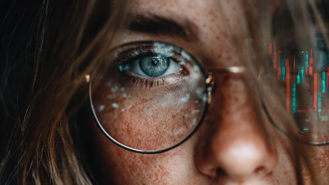 Close-up of a Young Woman's Face with Freckles, Wearing Glasses, Whose Eyes Reflect Digital Stock Market Data, Emphasizing Financial Awareness and Analysis