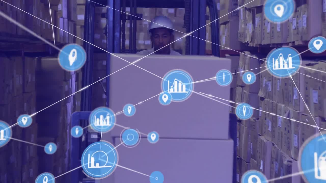 red de iconos digitales contra un trabajador afroamericano que conduce un vehículo de carretilla elevadora en un almacén