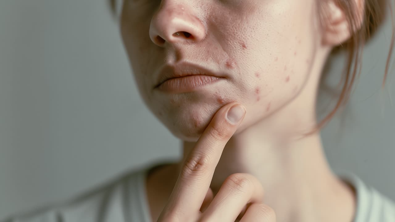 Woman examining skin with acne blemishes in mirror