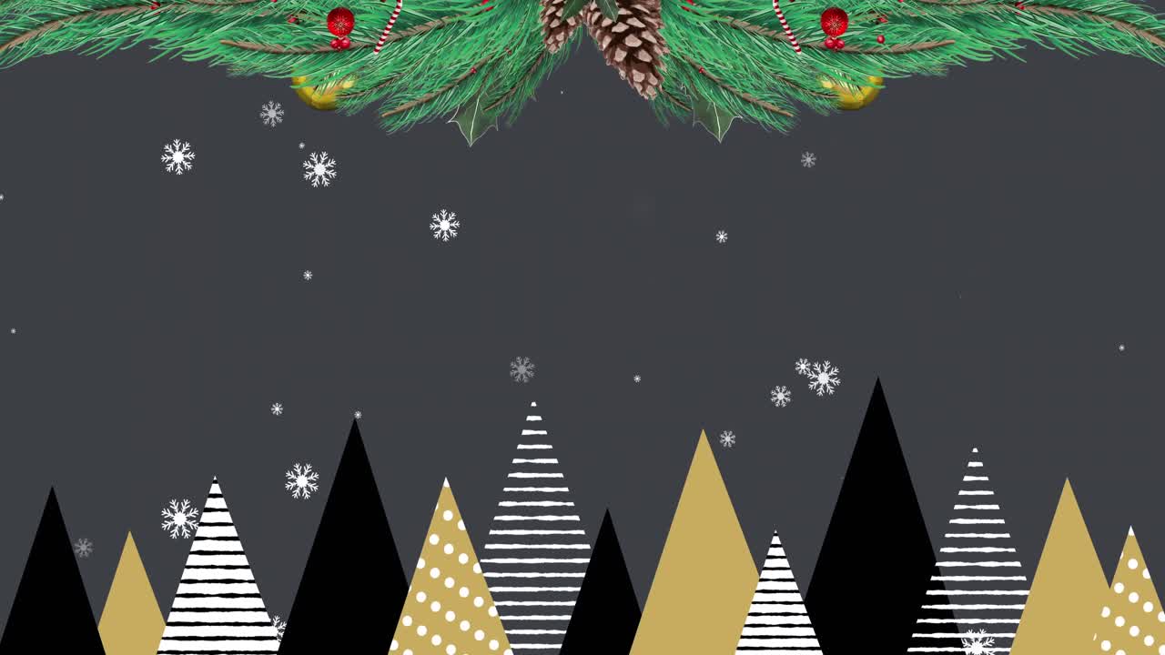 animación de nieve cayendo sobre árboles de navidad y decoraciones