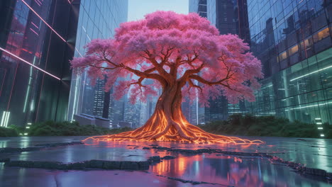 a vibrant glowing tree in a futuristic city at night