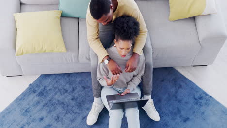 Couple,-top-view-and-living-room-with-laptop