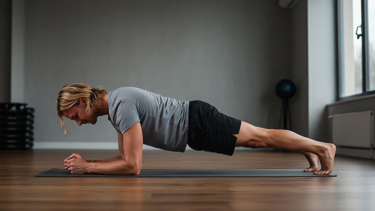 An Intense Core Workout Session: A Dedicated Man Performing the Plank Exercise with Precision and Focus in a Modern Fitness Studio Environment