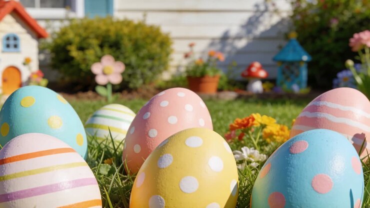 Pulling back, camera revealing cluster of painted Easter eggs in front yard, exposing yard decor