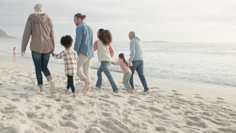 generations, beach and children walking