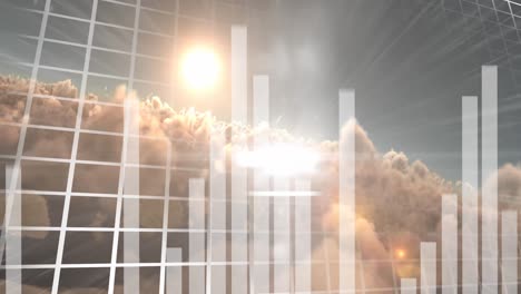 animación de gráfico de barras sobre patrón de cuadrícula y nubes densas contra el sol en el cielo