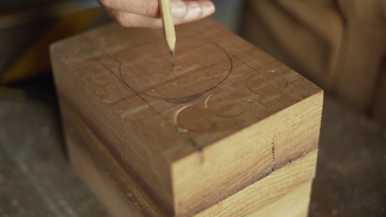 плотник размечает круг на дереве для фрезеровки