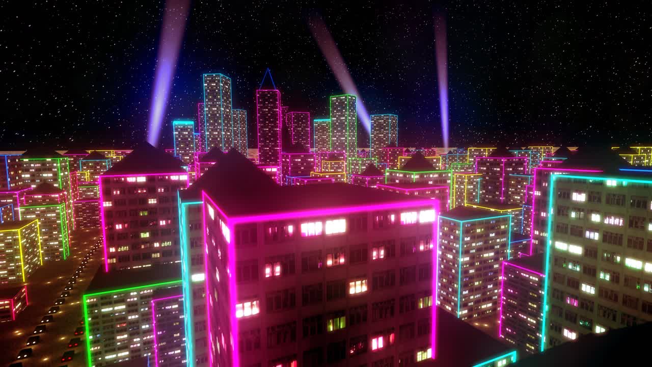 Free stock video - Neon city fly over urban skyscraper glow computer ...