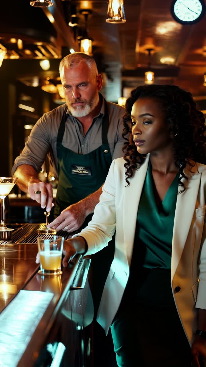 Adult bartender serving a drink to a customer at the bar.