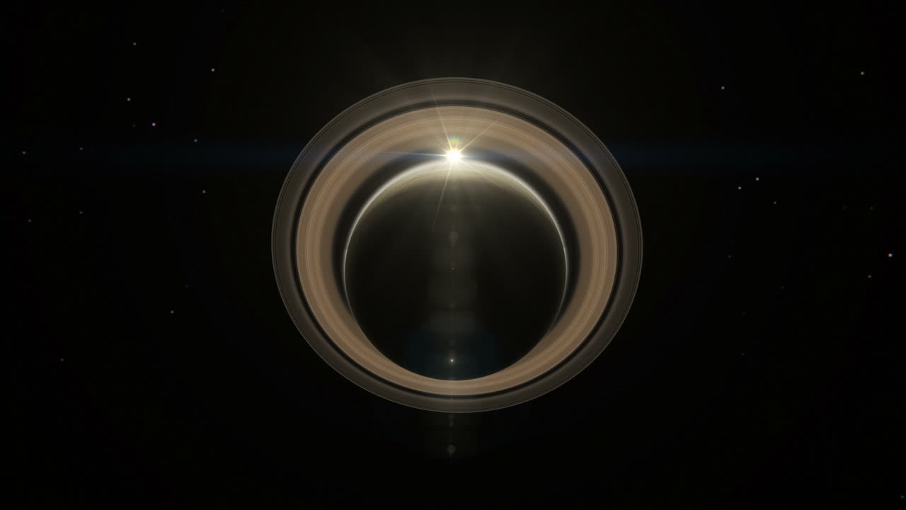 토성과 고리를 통과하는 태양 렌즈 플레어의 vfx 샷