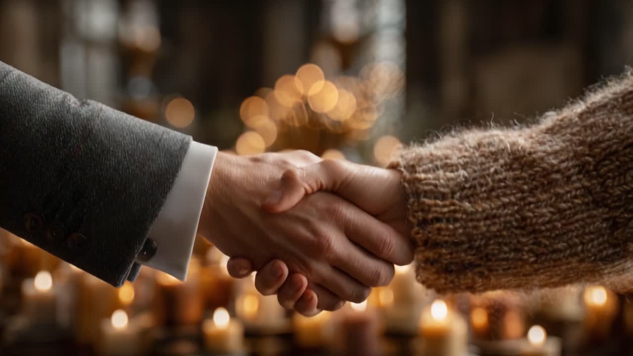 A Warm and Meaningful Connection: Two Hands Shaking Amidst a Sea of Flickering Candles, Signifying Trust, Unity, and Shared Moments in a Serene Environment