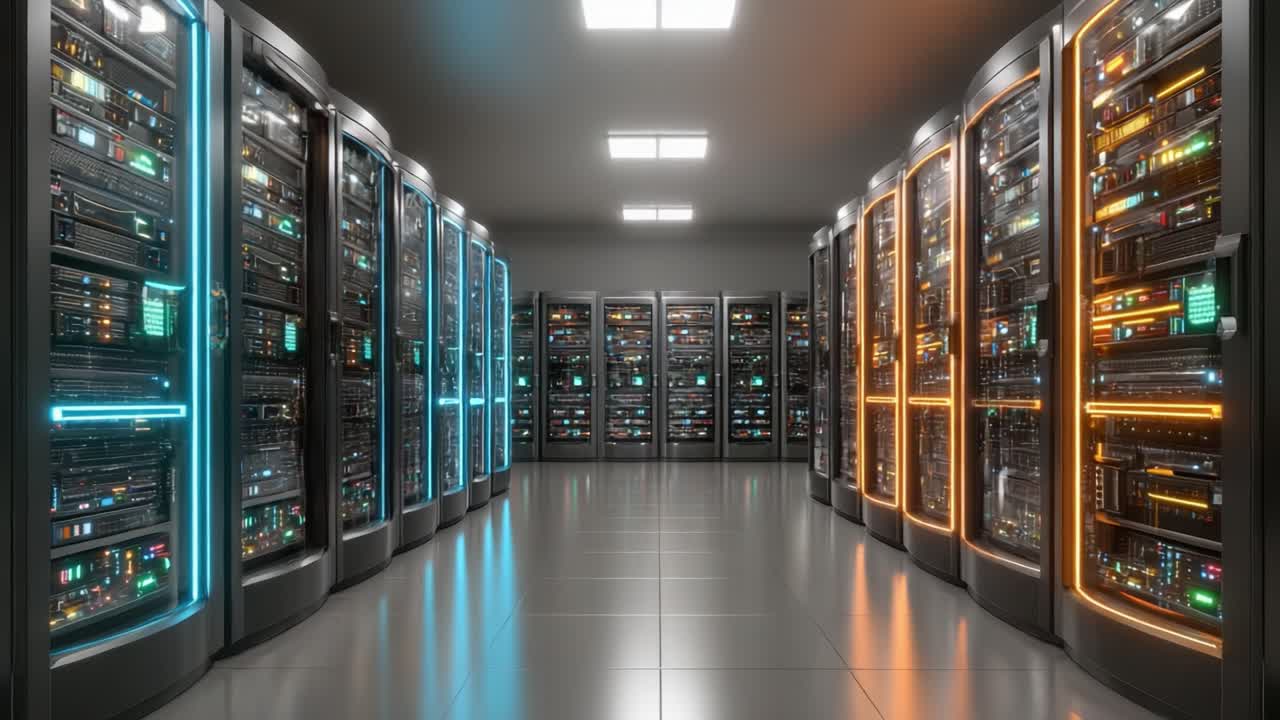 A Comprehensive View of a Modern Data Center Featuring Rows of High-Performance Servers with Advanced Lights and Efficient Airflow Systems