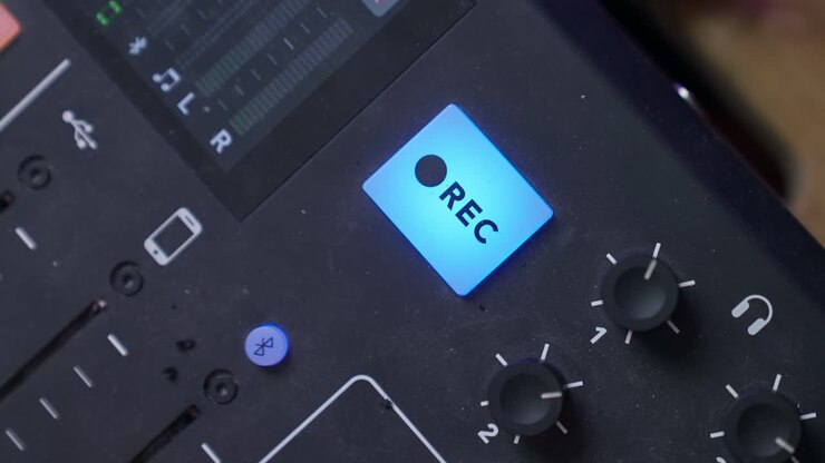 Close up on man's hand clicking on REC button to start recording session in studio or recording booth. Control room or audio console. Finger push blue button. On air going live with podcast or show