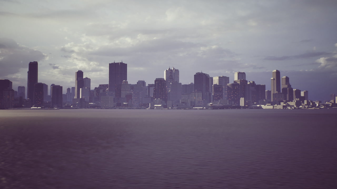 Stormy cityscape view eerie coastal skyline with flickering city lights