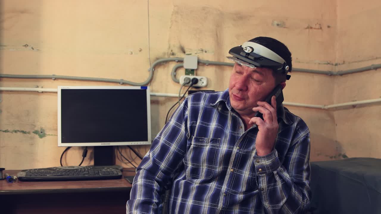 A man sits in a chair and talks on the phone.