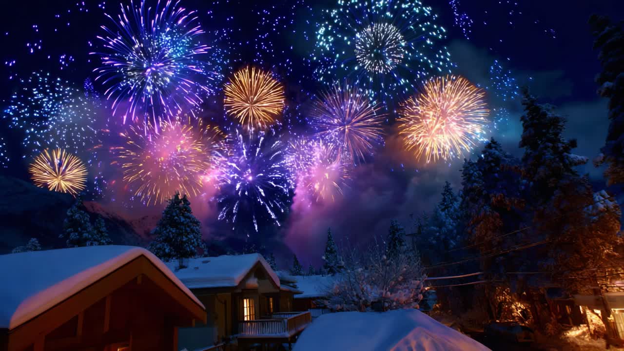 A Stunning Display of Colorful Fireworks Illuminating a Snow-Covered Landscape at Night, Creating a Magical Atmosphere for Winter Celebrations and Bringing Joy to Onlookers in a Picturesque Setting