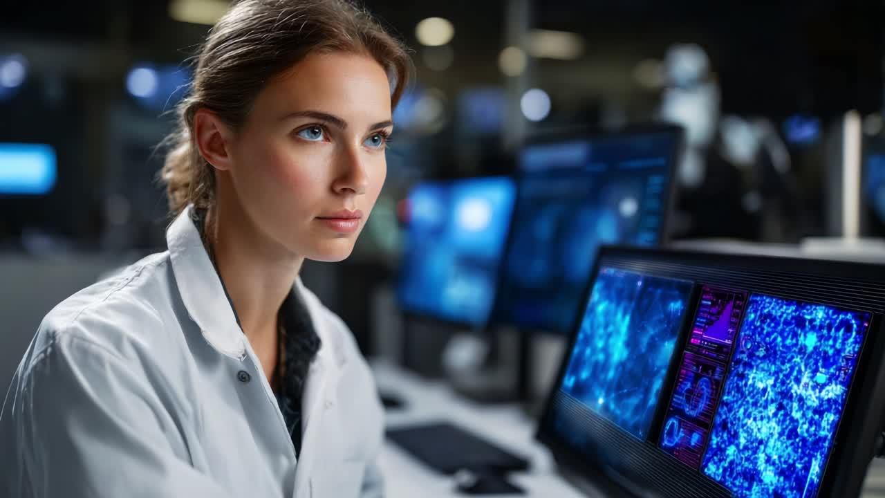 Focused Research Scientist Analyzing Complex Data on Advanced Technology Display in a Modern Laboratory Environment, Dedicated to Unraveling Scientific Mysteries and Enhancing Understanding Through Data Interpretation