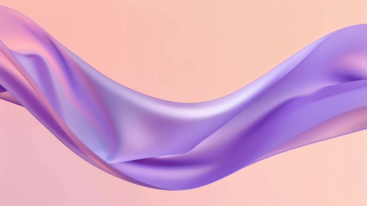 Nastro di raso viola-lilla fluttuante, mosso dal flusso d'aria, in uno studio color pesca, che mostra lucentezza.