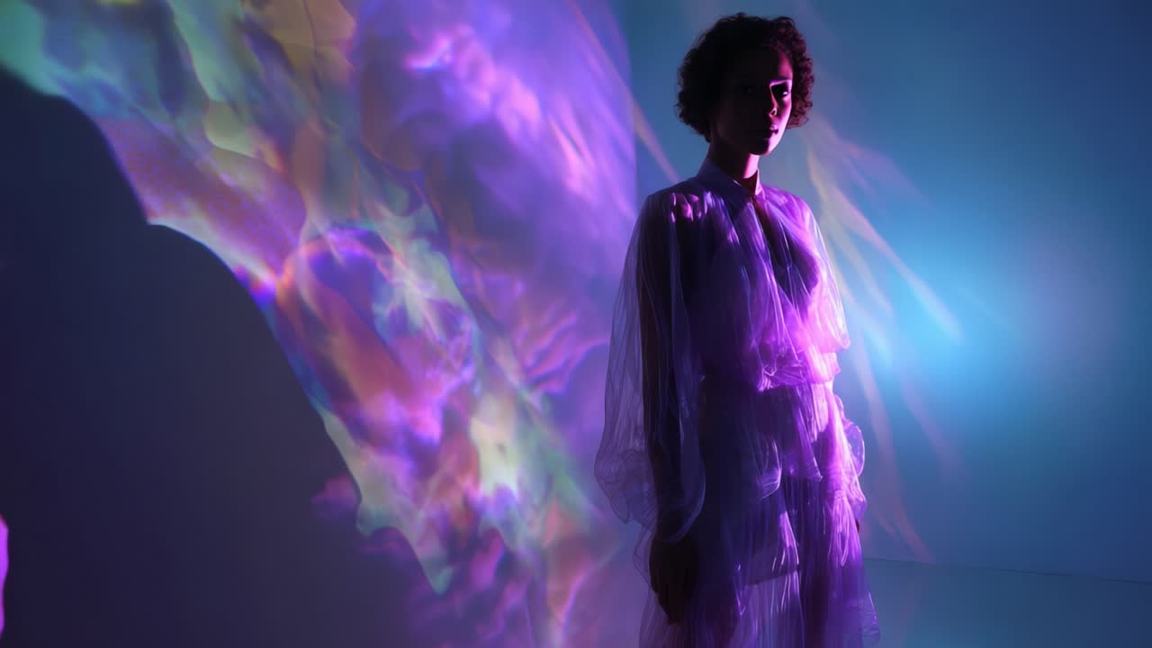 A mesmerizing display of ethereal light and color surrounds a silhouetted figure, creating a stunning visual experience marked by vivid illuminations and soft textures that evoke wonder and creativity