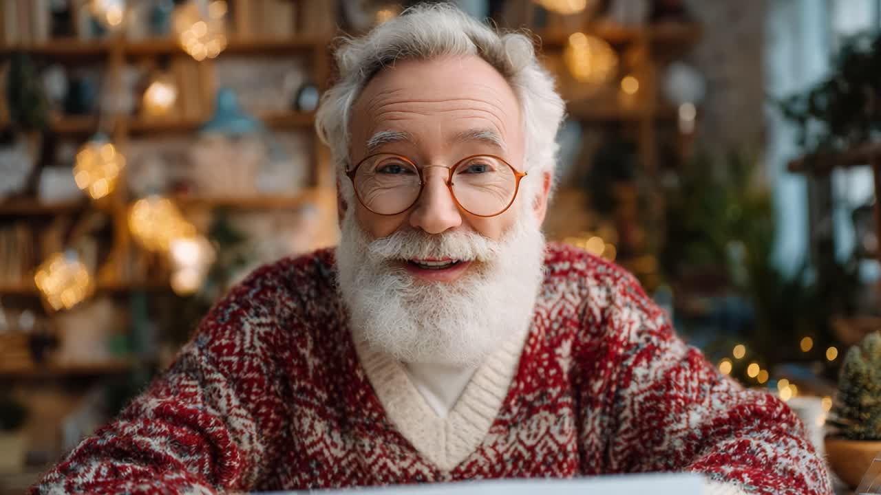 A Joyful Elderly Man with a White Beard and Glasses, Dressed in a Festive Sweater, Shares a Heartwarming Moment in a Cozy, Decorated Setting with Warm Lighting