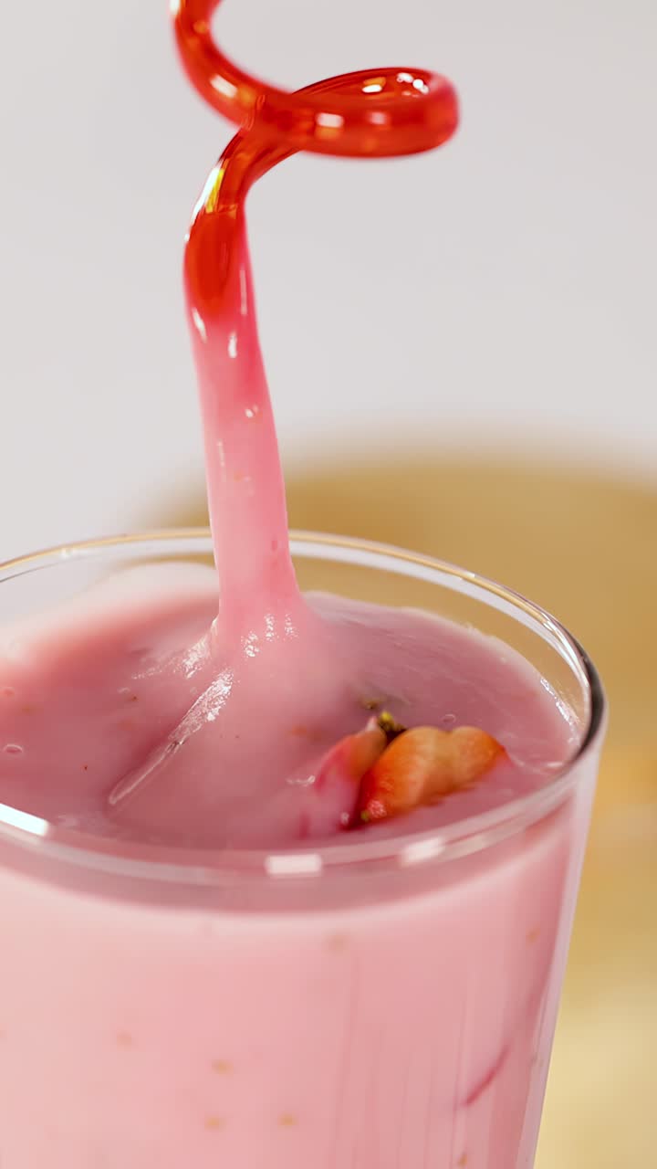 Mano che inserisce e fa roteare una cannuccia a spirale rossa in un frullato cremoso alla fragola con guarnizione di frutta fresca