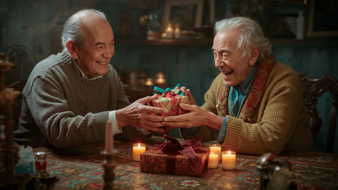 Reaching Asian man in cardigan presenting gift box to partner at home, with candles for celebration