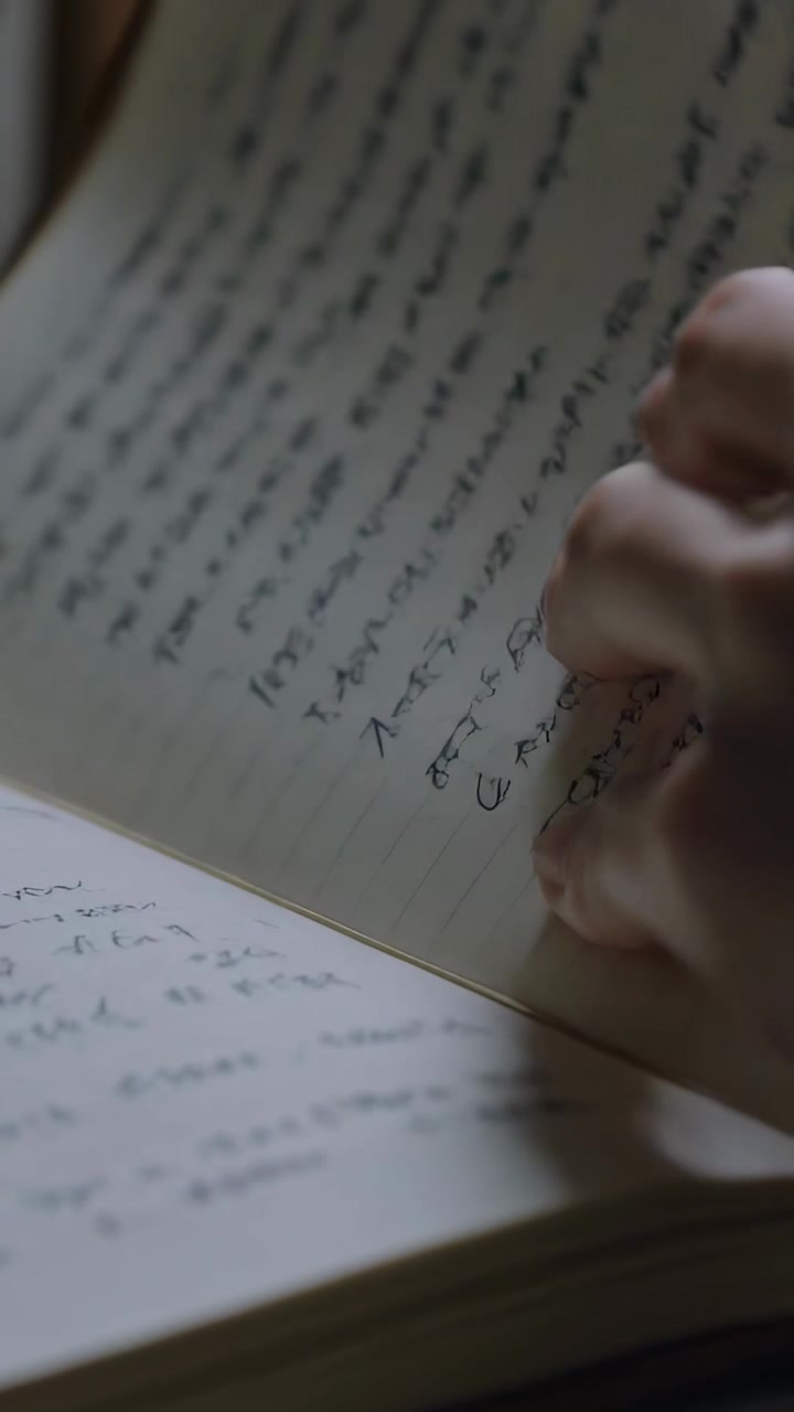 Vertical video: Tracing finger, hands in dark sleeve turning notebook pages at desk studying notes