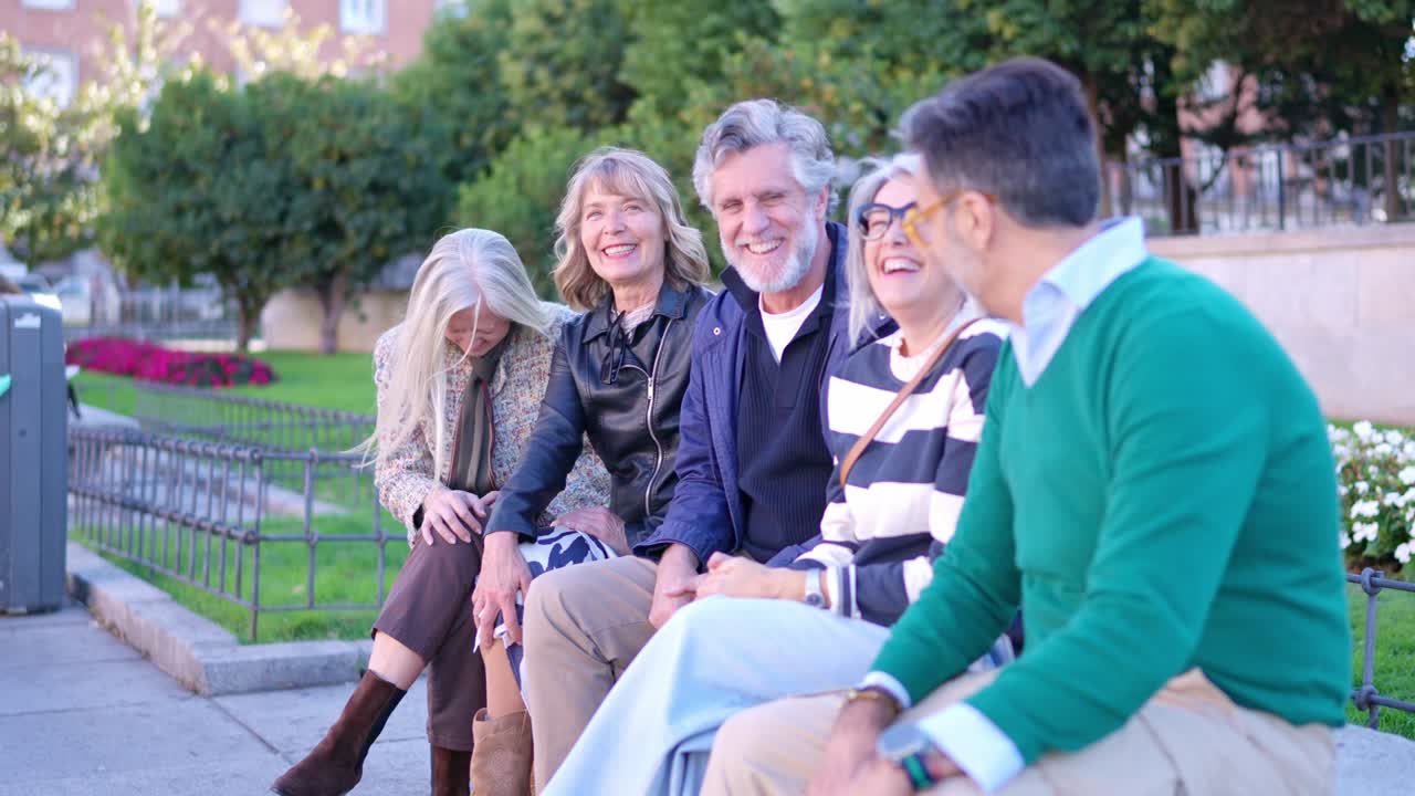 Happy Senior Friends Laughing and Talking Together in a Park