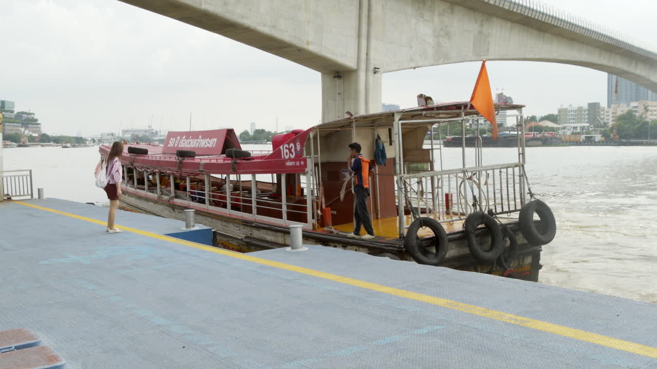 Daily Chao Phraya Express Boat Service Docking at the Pier, Ensuring Smooth Water Transport and Tourism for Passengers Traveling Across Bangkok