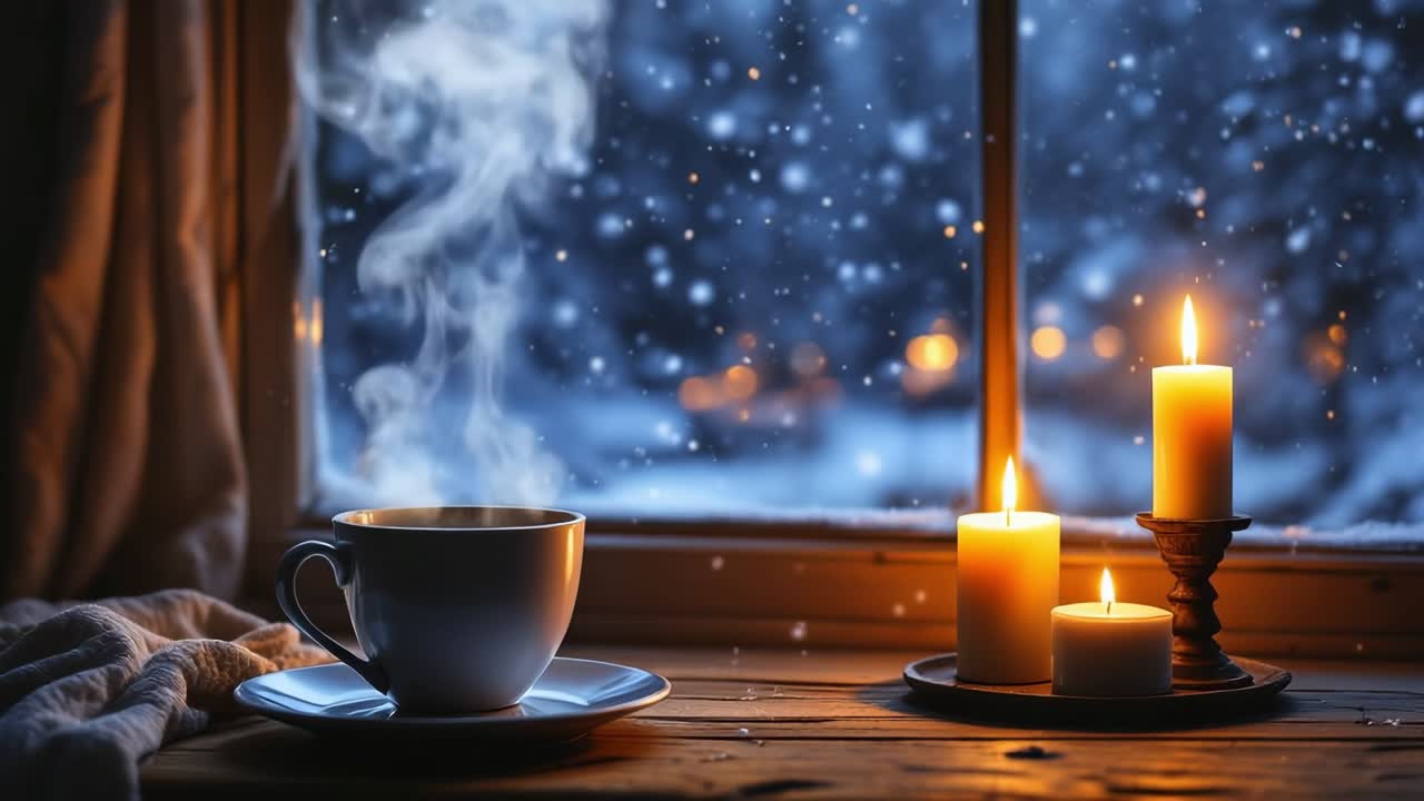 Warm beverage and candles creating a cozy atmosphere by the window during a winter snowfall, perfect for a relaxing evening