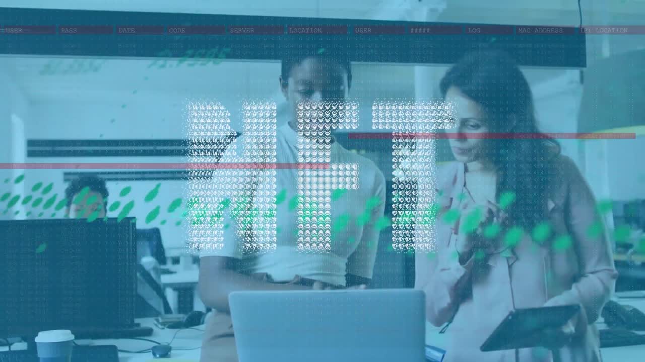 animazione dell'elaborazione dei dati e del testo nft su diverse persone d'affari in ufficio