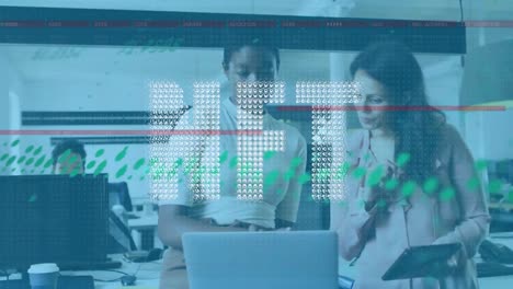 animation of data processing and nft text over diverse business people in office