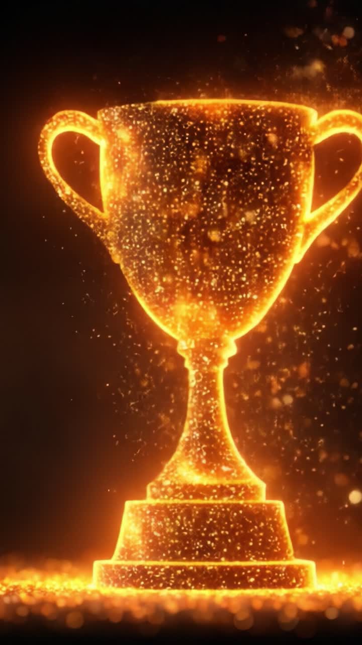 Un trofeo dorato scintillante che emette scintille e polvere, a simboleggiare successo e realizzazione su uno sfondo scuro, immortalato in uno straordinario spettacolo di luce.