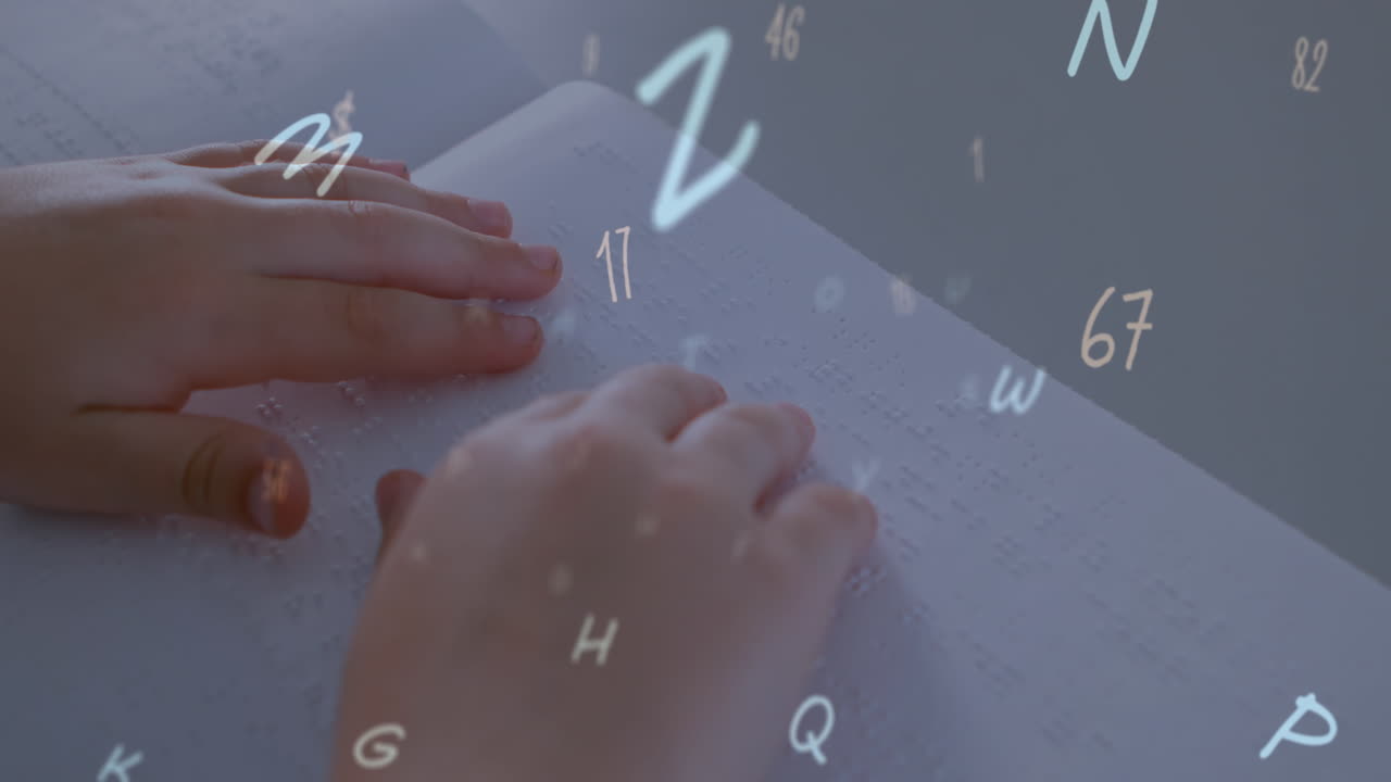 브라이일 문자를 읽는 백인 소녀들에 대한 글자와 숫자의 애니메이션