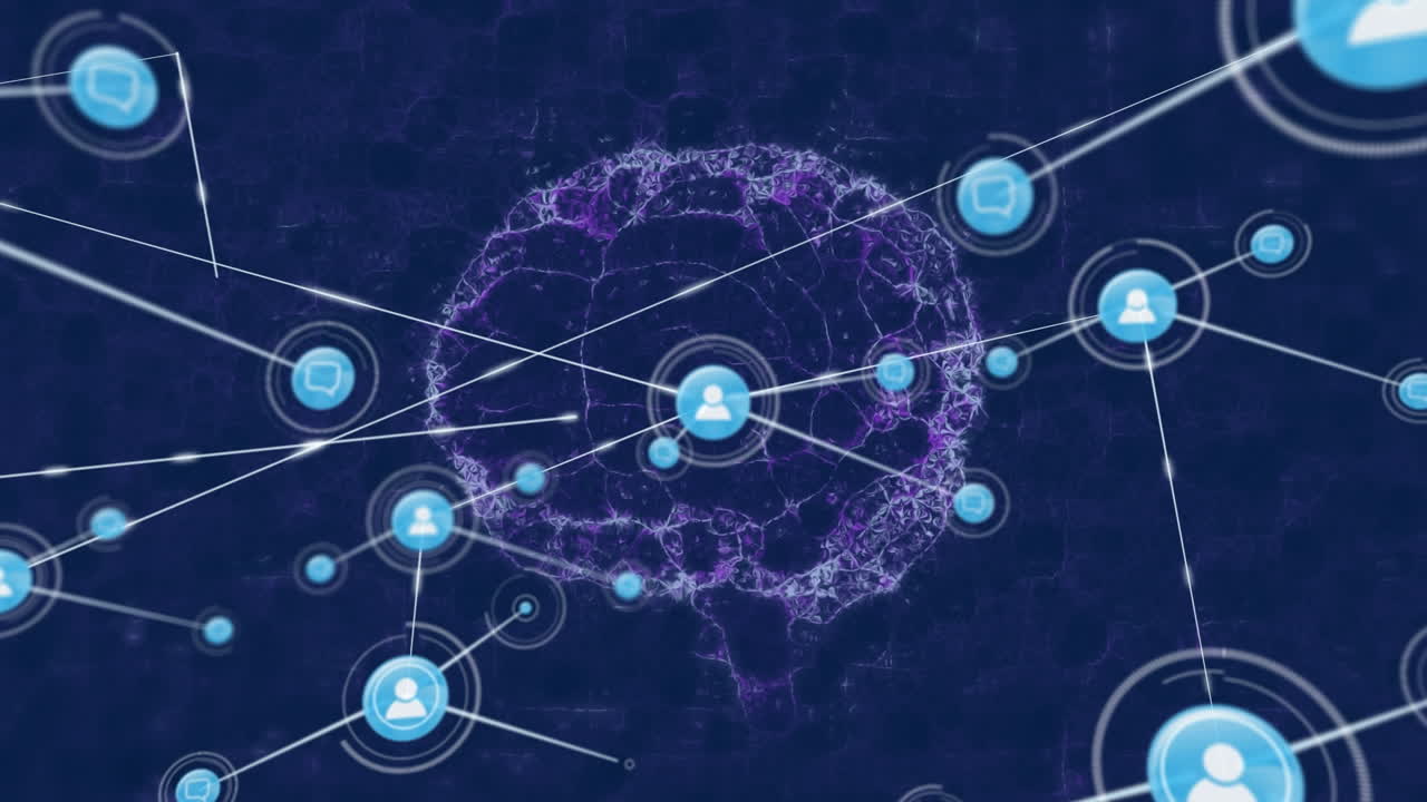 Animation of network of connections with people icons over human brain