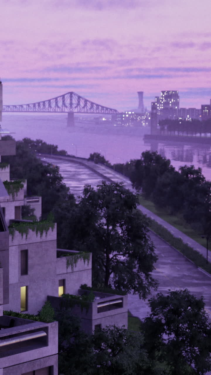 Vista noturna de uma cidade com uma ponte e um rio durante o crepúsculo.