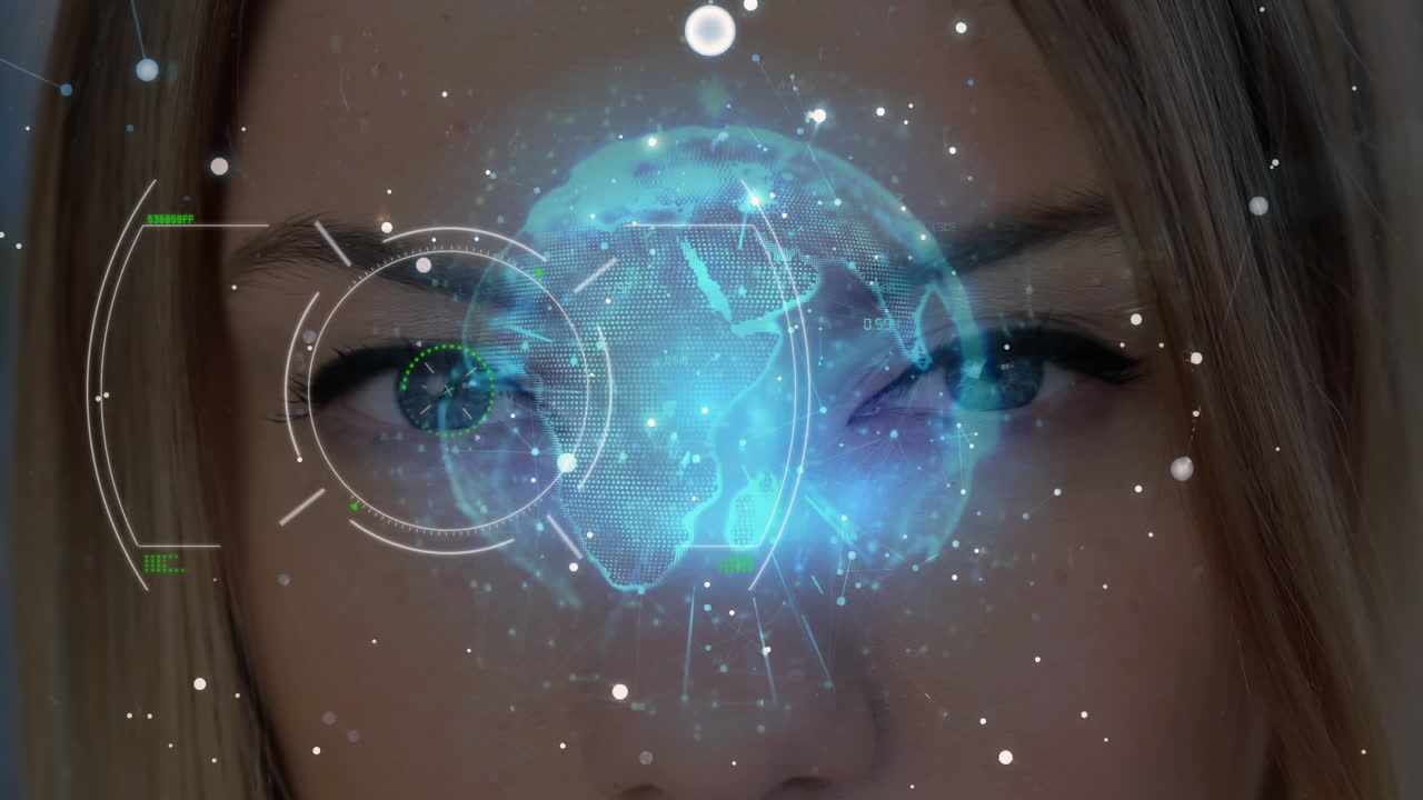 animación de escaneo de alcance y globo con red de conexiones sobre la cara de la mujer